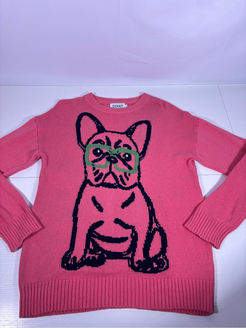 OXKNIT Pink French Bulldog Graphic Cotton Sweater Size L